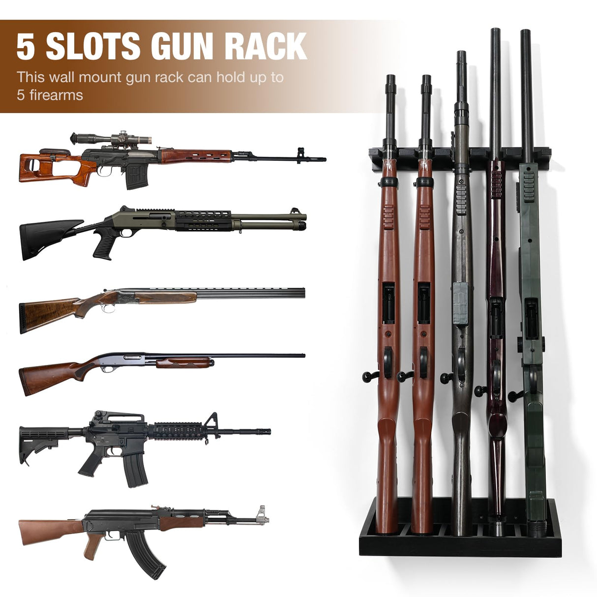 ikkle Gun Rack, Wooden Rifle Racks, Indoor Gun Rack, Wall Mount Rifle Storage Gun Display Holder for Home Office - Holds up to 5 Long Guns ikkle