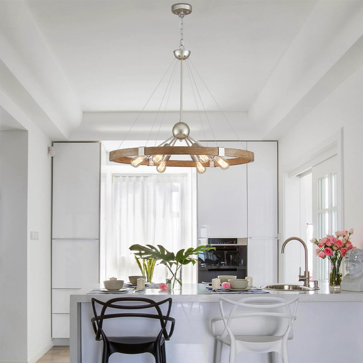 XINGQI Wagon Wheel Chandelier Modern Rustic Large Round 6-Lights Nickel & Wood Grain Finish Retro Ceiling Pendant Light Fixture for Dining Room Living Room XINGQI