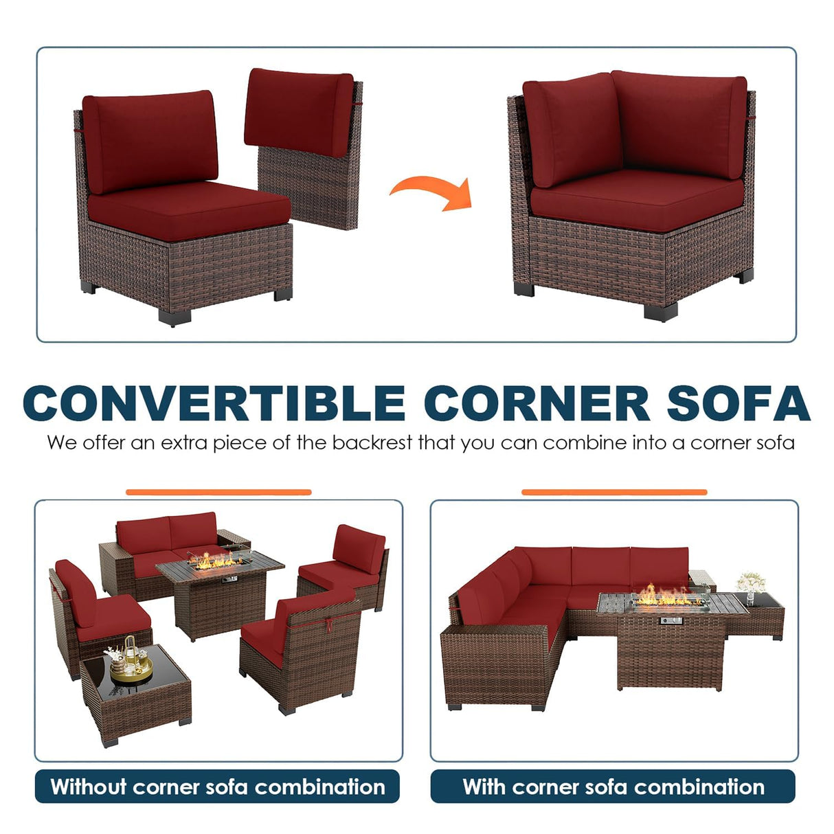 VONZOY 7 Piece Patio Furniture Set with Fire Pit Table, Outdoor Conversation Sets Wicker Rattan Sectional Sofa with Coffee Table, 4'' Thickened Cushion Wine Red (Include Waterproof Cover) VONZOY