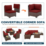 VONZOY 7 Piece Patio Furniture Set with Fire Pit Table, Outdoor Conversation Sets Wicker Rattan Sectional Sofa with Coffee Table, 4'' Thickened Cushion Wine Red (Include Waterproof Cover) VONZOY