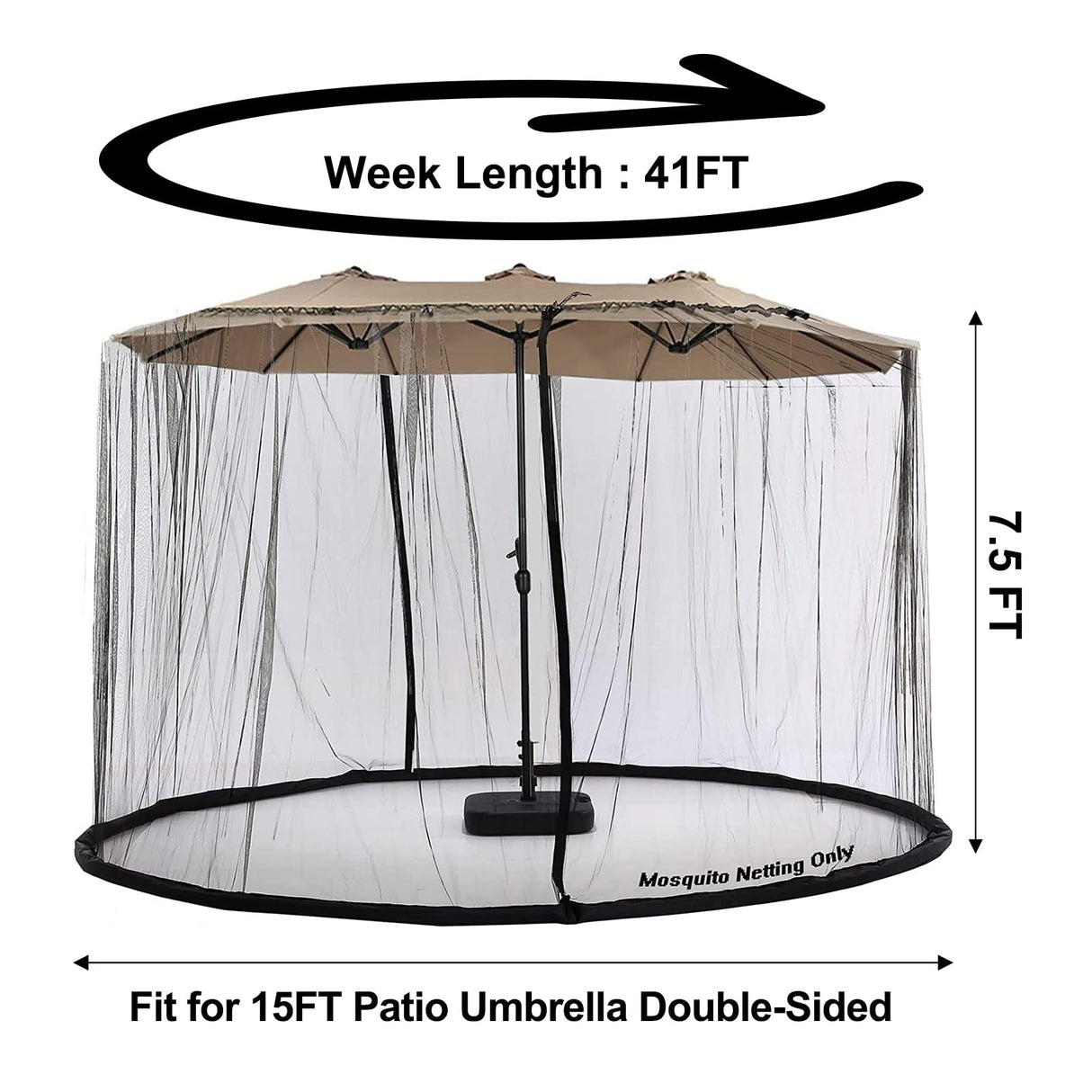 DOOSARG Umbrella Netting for Outdoor Umbrellas, Patio Umbrella Mosquito Netting for 15FT Double-Sided Umbrella, with Double Zipper Door and Adjustable Rope, (Black) (15FT) DOOSARG