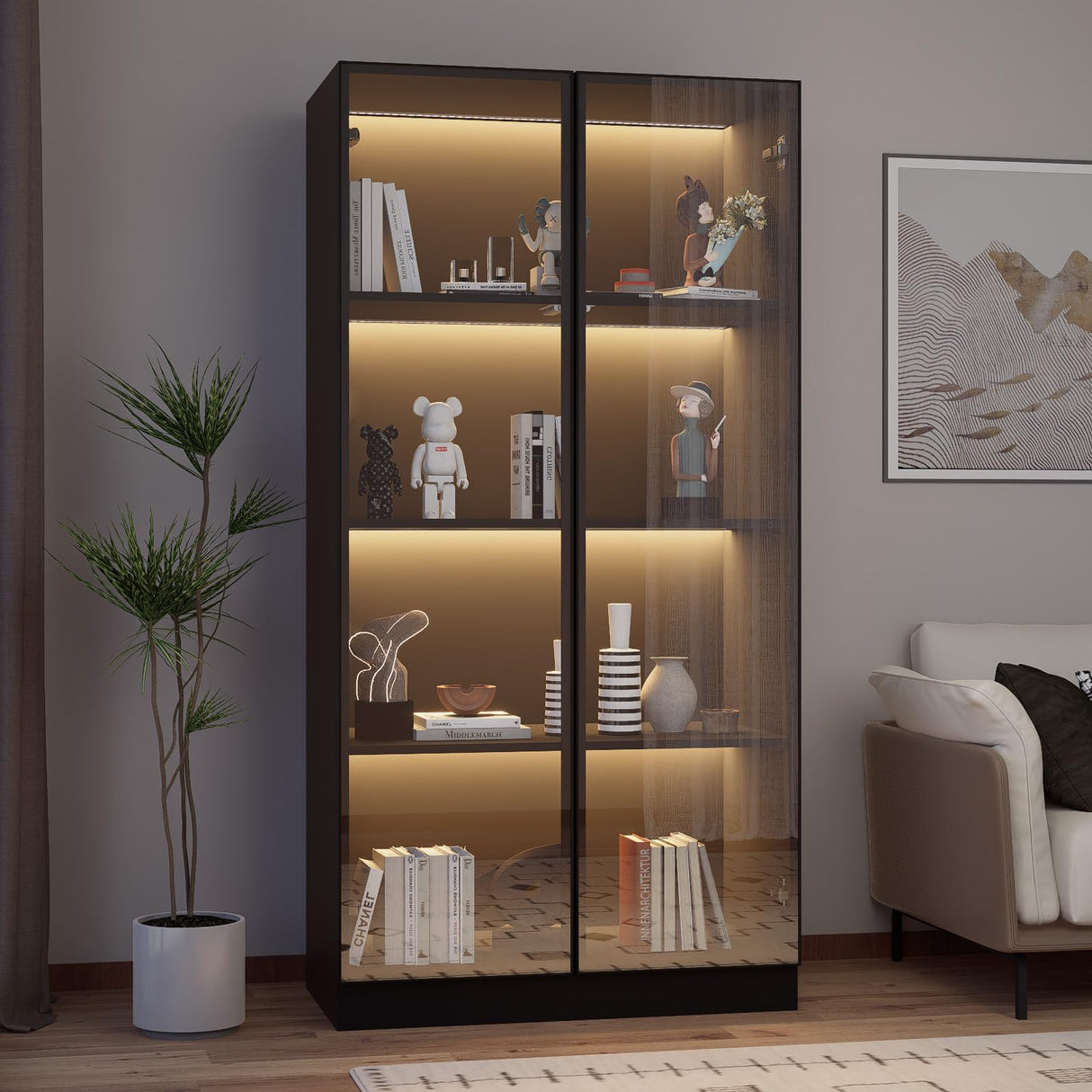 ZORPLIX Display Cabinet with LED Lights, Glass Display Case Cabinet with 4-Tier Shelves, Curio Cabinet with 2 Glass Doors, Storage Cabinet for Collectibles, Living Room ZORPLIX