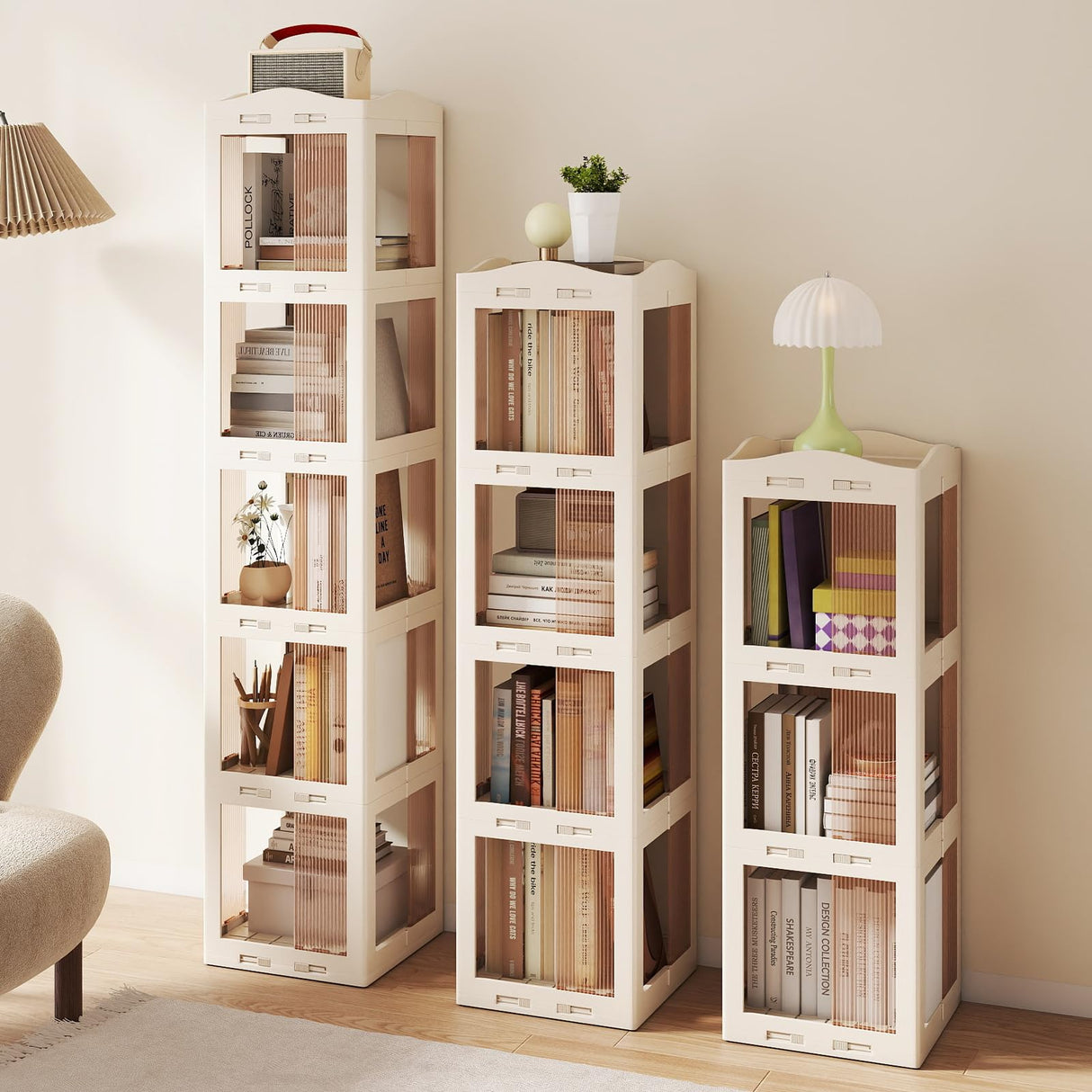 Giantex Foldable Rotating Bookshelf, 3-Tier Spinning Bookcase w/Swivel Base, 360° Revolving Bookshelf Tower, Tall Corner Display Shelf, Translucent Storage Organizer for Living Room, Study Giantex