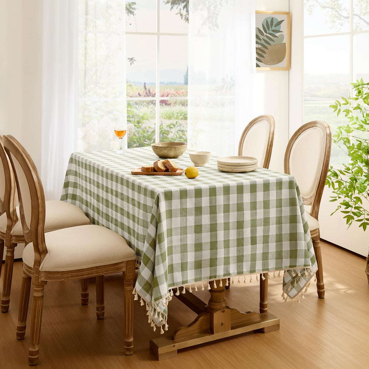 Softalker Spring Checkered Tablecloth Rectangle, Heavy Weight Linen Cotton Gingham Boho Table Cloth with Tassel, Wrinkle Free Buffalo Plaid Table Cover for Dining/Party/Outdoor - 55 x 84 Inch, Sage Softalker