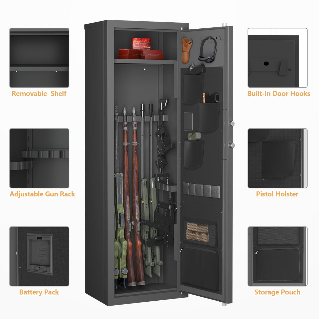 PLENTORA Gun Safe for Rifles and Pistols, 12-15 Large Biometric Gun Cabinet with Fingerprint & Digital Keypad, Adjustable Racks and Door Organizer, Black PLENTORA