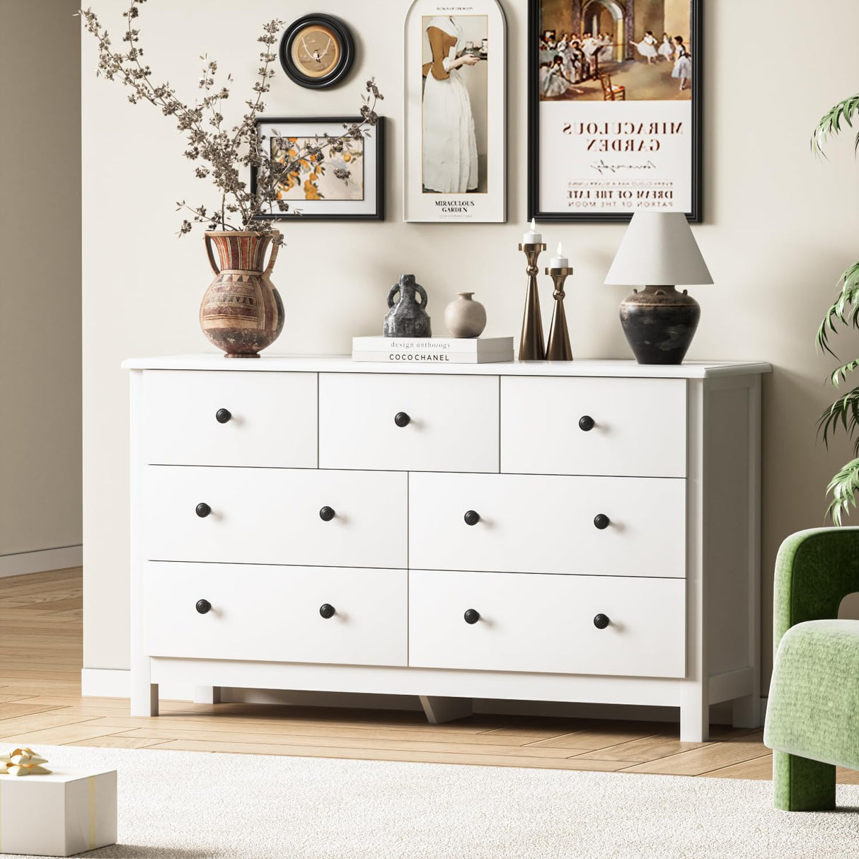 HOUROM White Dresser for Bedroom, 7 Drawer Chest of Drawer with Metal Handle and Wide Drawer, Modern Wood Double Storage Organizer Dresser for Living Room, Hallway, Entryway HOUROM