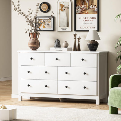 HOUROM White Dresser for Bedroom, 7 Drawer Chest of Drawer with Metal Handle and Wide Drawer, Modern Wood Double Storage Organizer Dresser for Living Room, Hallway, Entryway