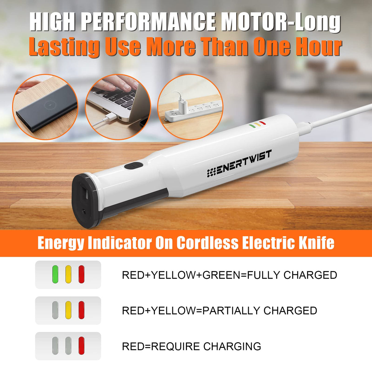 ENERTWIST Cordless Rechargeable Electric Knife 1S Quick Start One-Hand Operation with 4 Stainless Steel Blades and Safety Lock Button, Carving Bread, Meats, Turkey, Crafting Foam ENERTWIST