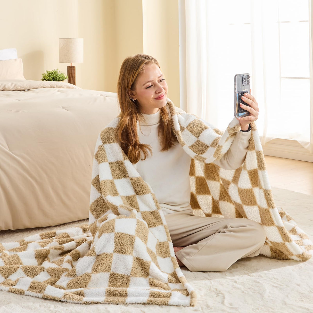 NEWCOSPLAY Knitted Brown White Checkered Blanket Super Soft Plush Throw for Couch Fuzzy Fluffy Microfiber Lightweight Blanket for Bed Sofa All Season Use (Brown White, Throw(50"x60")) NEWCOSPLAY