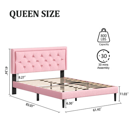 CXVX Queen Size Platform Bed Frame with Upholstered Velvet Button Tufted Headboard, Mattress Foundation with Wooden Slat Support, No Box Spring Needed, Easy Assembly, Noise Free, Pink