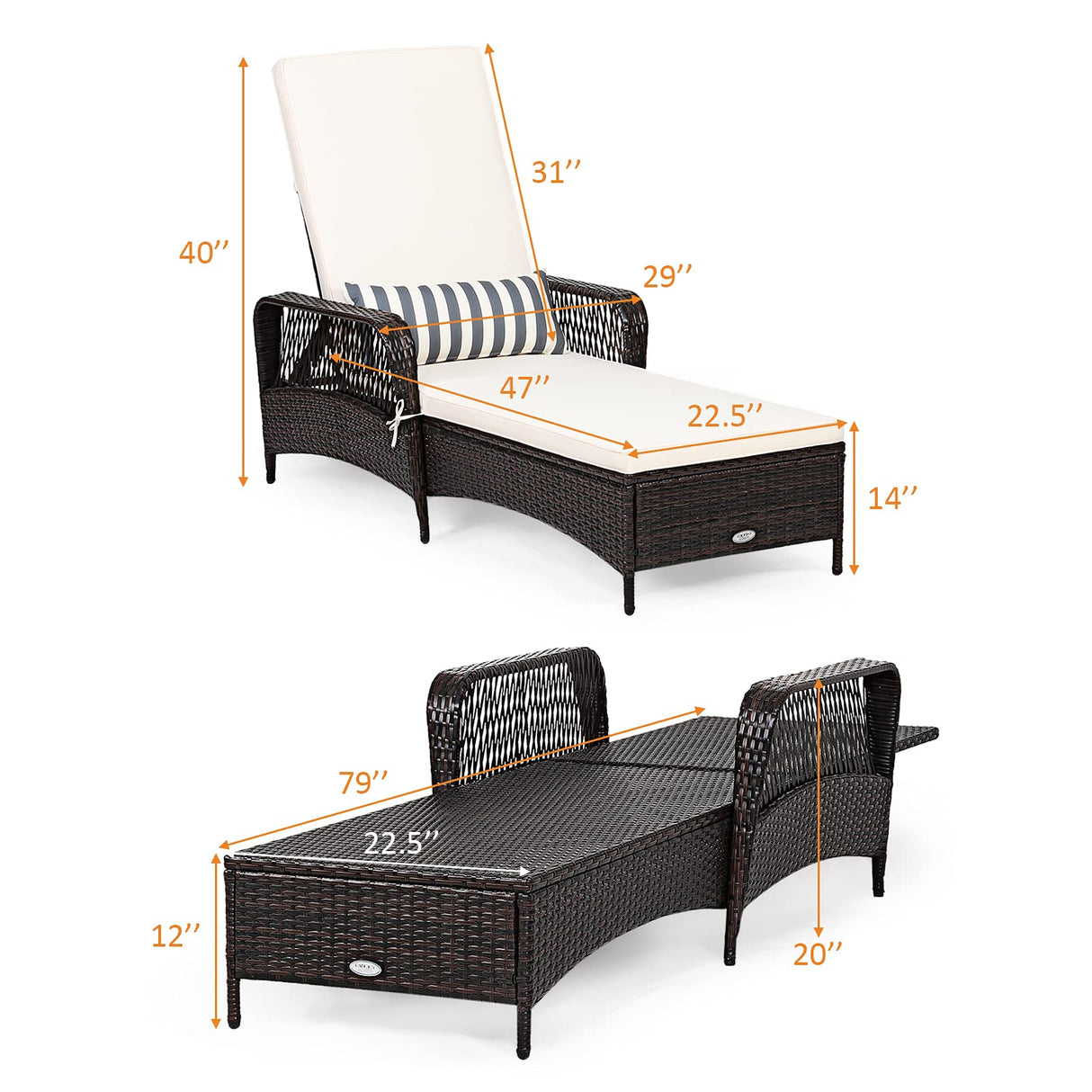 COSTWAY PE Rattan Chaise Lounge Chair, 6 Gear Adjustable Recliner with Armrest & Pillow, Wicker Outdoor Furniture for Deck, Patio (1, Brown) COSTWAY