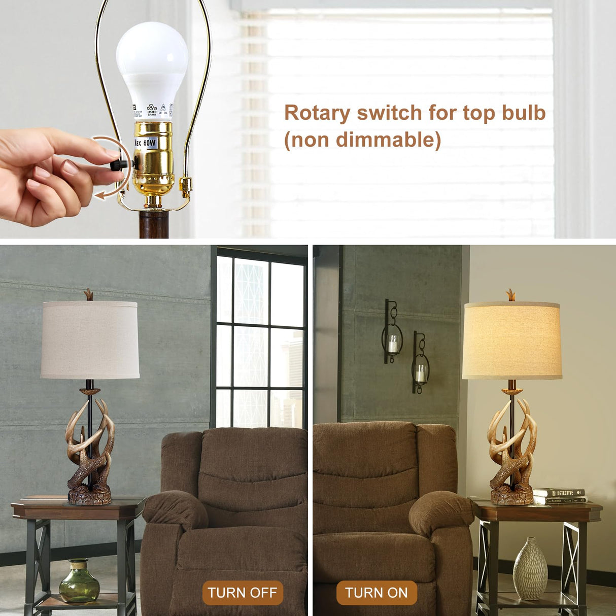 HUITICO Rustic Farmhouse Table Lamp for Living Room End Table Deer Antler Lamps with USB Ports 28" Tall Western Lamps for Bedroom Cabin Country Lamps for Nightstand, Single, Bulb Not Included HUITICO