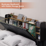 DICTAC California King Floating LED Bed Frame with Storage Headboard and Charging Station in Black and Rustic Finish DICTAC