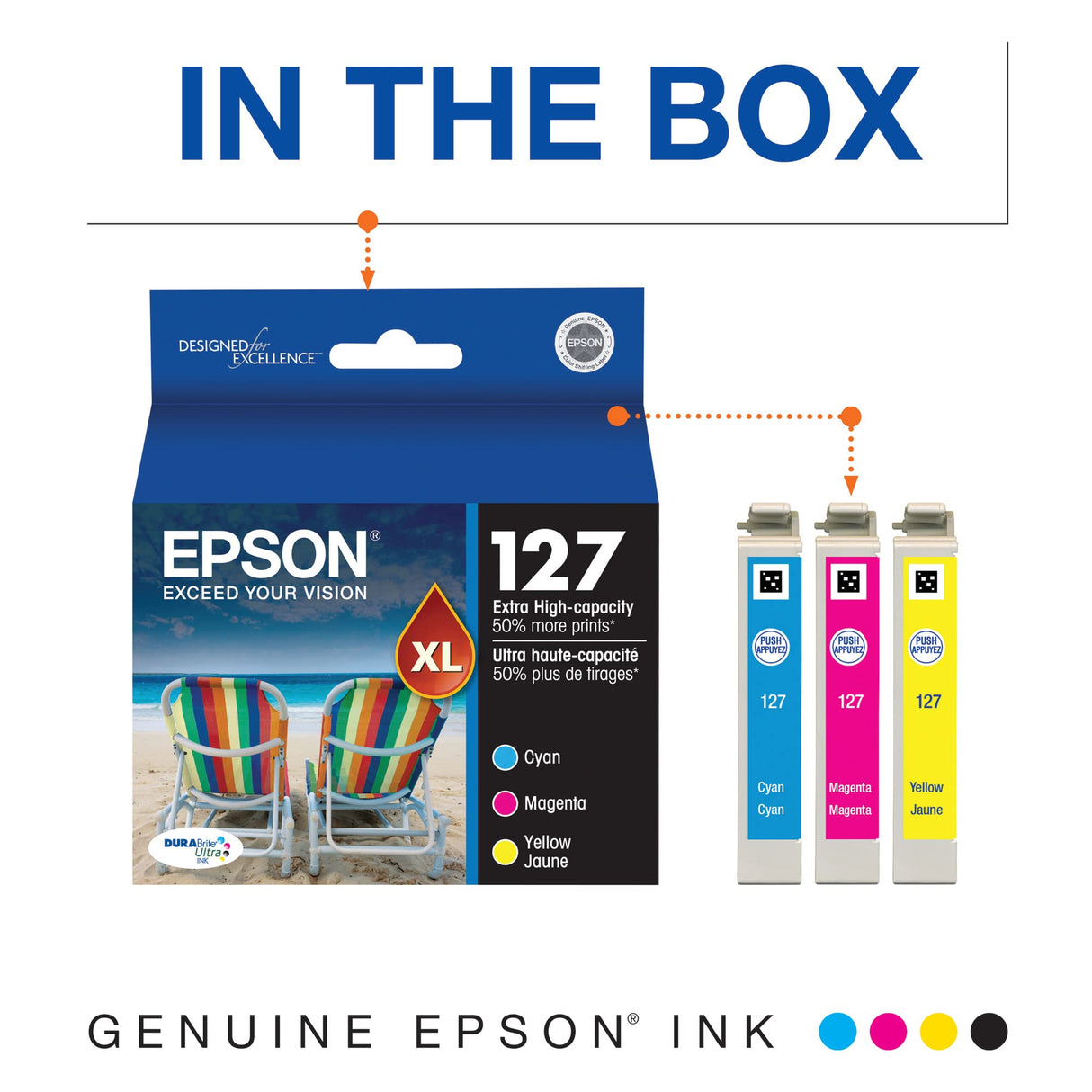 EPSON 127 DURABrite Ultra Ink Color Combo Pack For NX-530, NX-625, WF-3520, WF-3530, WF-3540, WF-545, WF-60, WF-630, WF-633, WF-635, WF-645, WF-7010, WF-7510, WF-7520, WF-840, WF-845 Epson