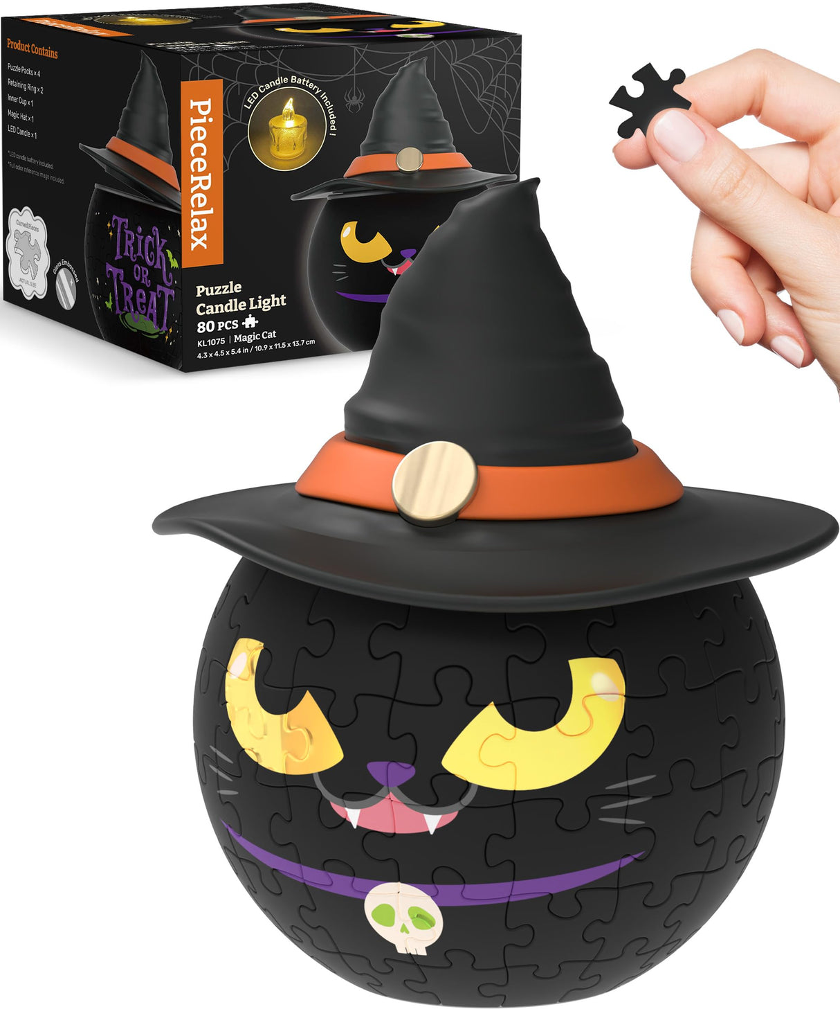 PieceRelax 3D Halloween Puzzle Candle Light - LED Jack O’ Lantern Decor with Flameless Tea Lights - Battery Operated Plastic Pumpkins for Indoor & Outdoor Spooky Decorations, Magic Cat [KL1075] PieceRelax