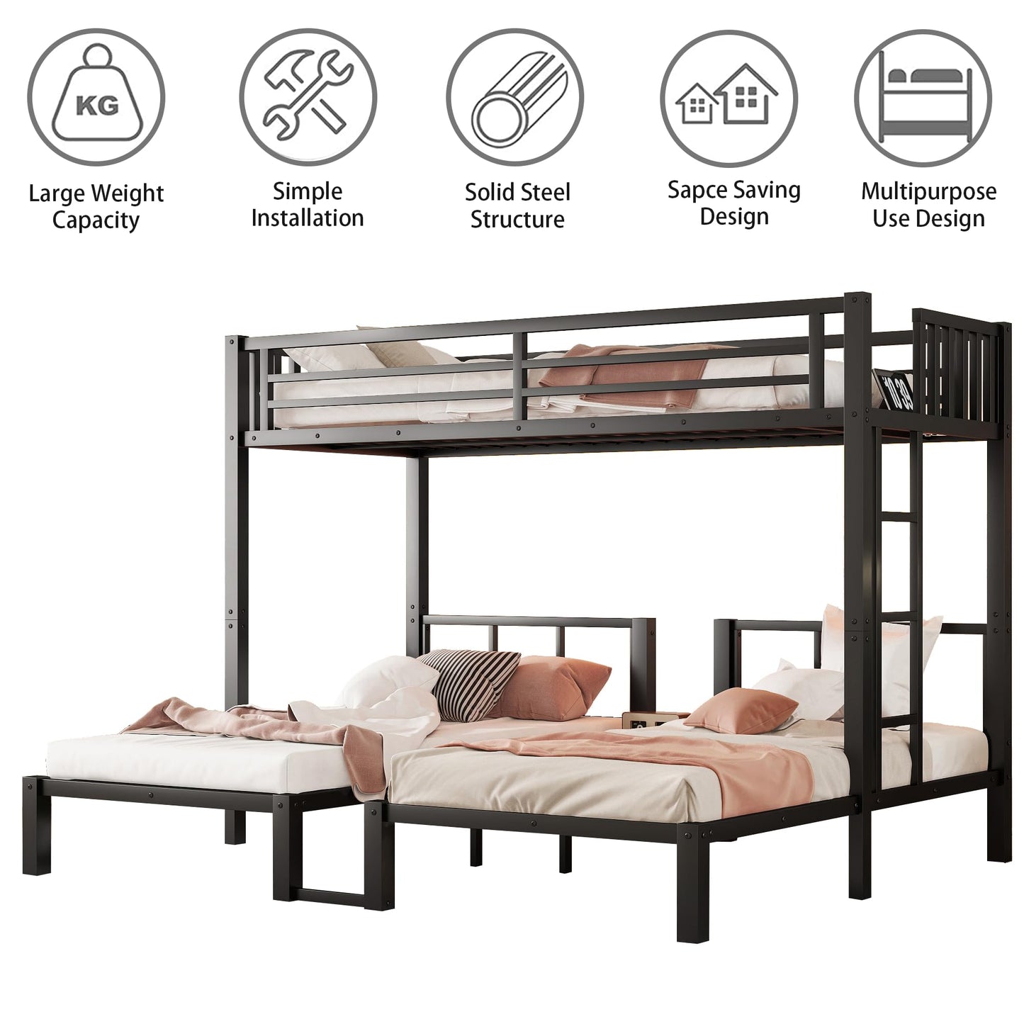 Triple Bunk Bed for Kids with LED Light ,Metal Heavy Duty 3 Bunk Beds with Charge Station & Storage Shelf, Convertible Three Bunk Beds for Girls Boys Teens,Can be Separated into 3 Beds , Black