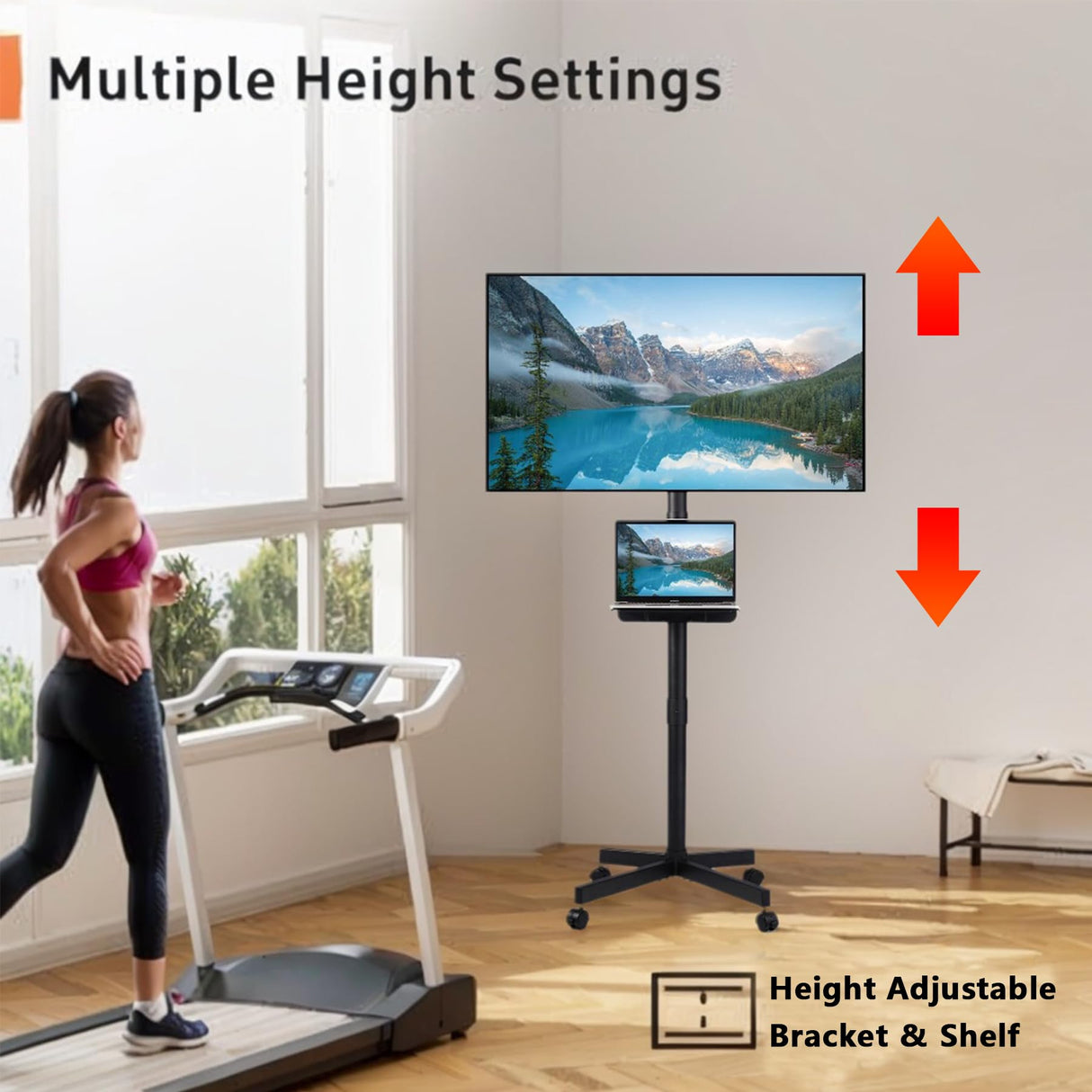 Tall Rolling TV Stand for 23-60 Inch TVs, Mobile TV Stand with Shelf and Wheels for Living Room Bedroom Office Outdoor, Portable Metal TV Cart with Adjustable Height, Heavy Duty Nahenduo