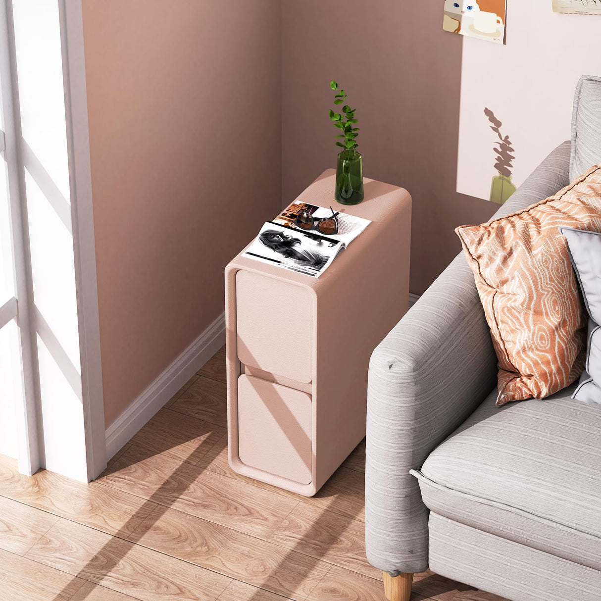 VICITON Modern Narrow Faux Leather Nightstand, Solid Wood Drawer, Storage Accent Table, Small Side End Table for Bedroom (Pink, Narrow) VICITON