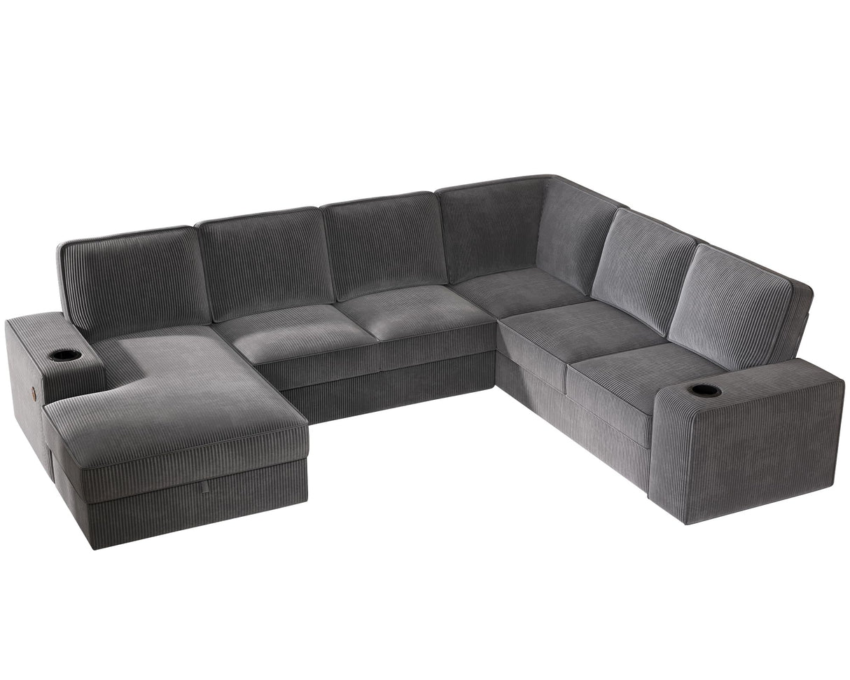 PaPaJet U Shaped Couch, 112 Inch Oversized Couch with Storage Chaise, Sectional Sofa with Cup Holders & 2 USB Ports, Corduroy Grey Sofa PaPaJet