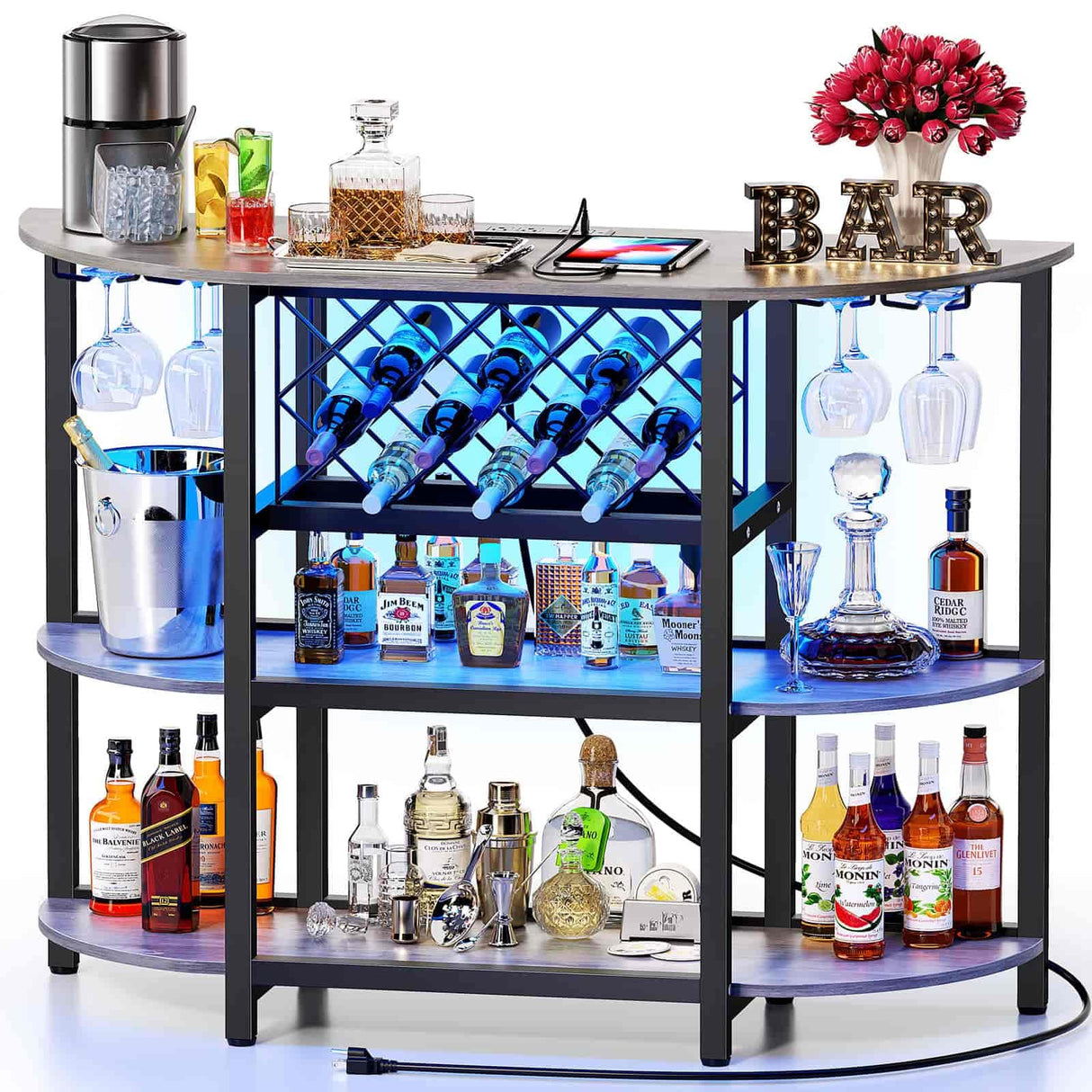 Zarler Bar Table Cabinet, Home Mini Bar Cabinet for Liquor, Metal Wine Bar Stand with 4-Tier Storage, Easy to Assemble, Light Grey Zarler