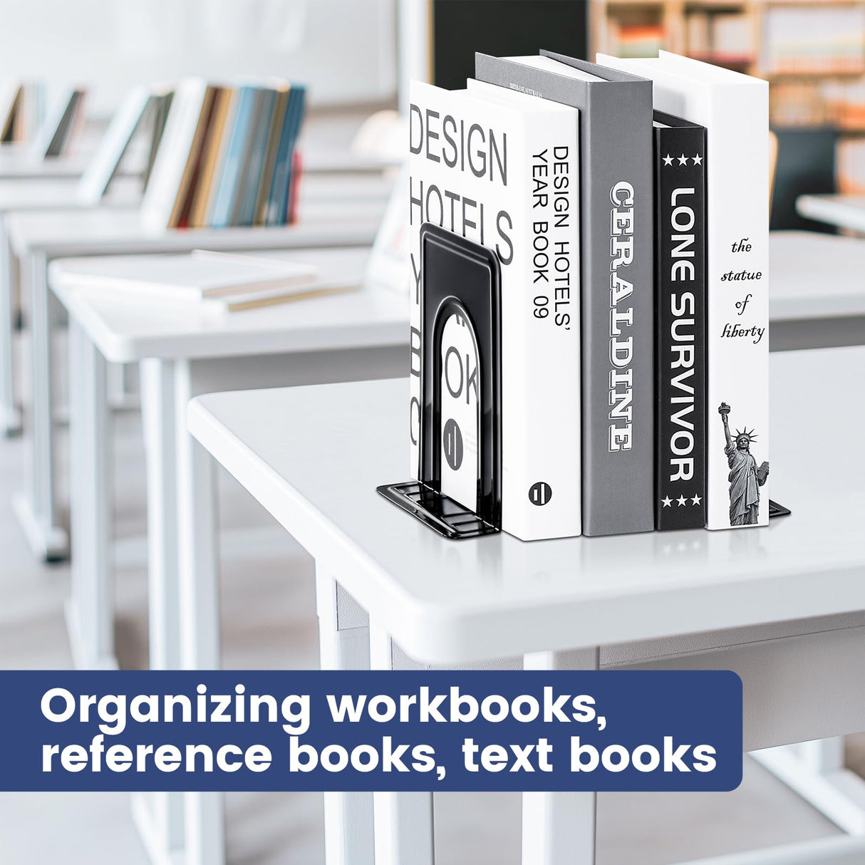 HappyHapi Book Ends, Book Ends Metal Bookends for Shelves,14 Pcs Book End to Hold Books Heavy Duty,Black Non-Skid Bookend,Book Holder Stopper for Shelf Office Home,6.5 x 5.7 x 4.9(7 Pairs, Large) HappyHapi