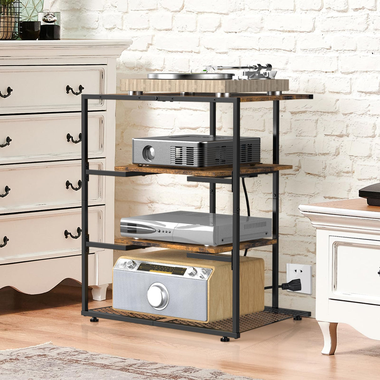 YBING 4-Tier AV Media Stand, Stereo Cabinet, Media Console with Charging Station, Record Player Stand, Corner TV Shelf, Brown YBING