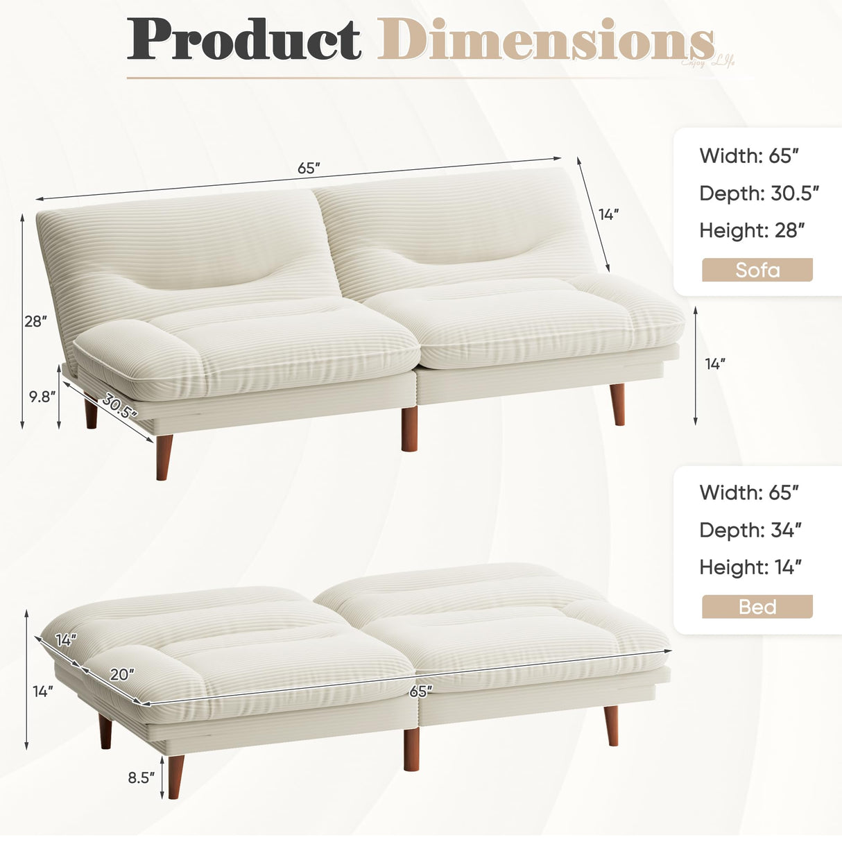 Homall Futon Sofa Bed, Modern Loveseat Futon Couch with Adjustable Backrest and Armrests, Sleeper Sofa Bed with Wood Frame for Living Room, Office, Apartment (Corduroy, White) Homall