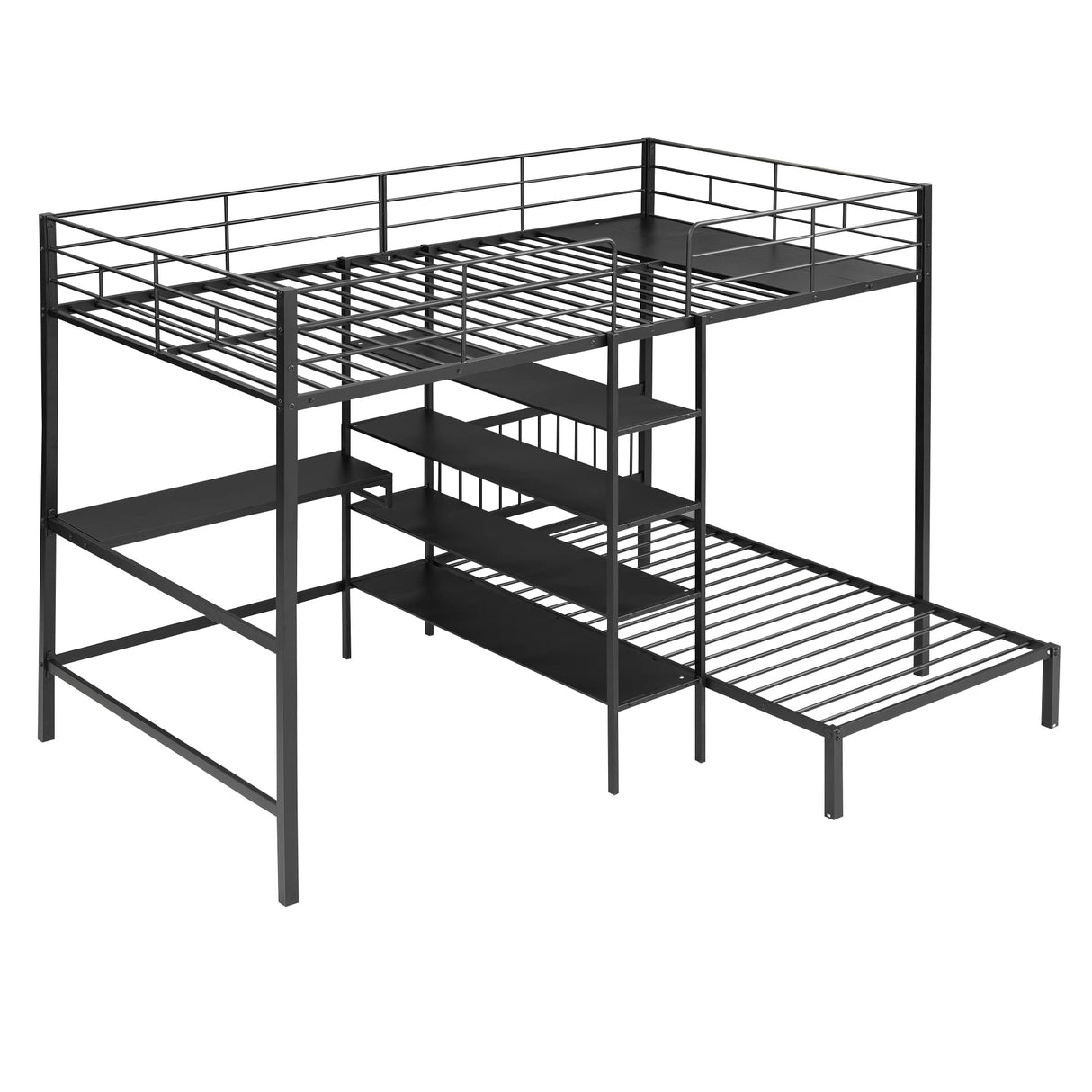Merax Full Over Twin Metal Bunk Bed, L Shaped Loft Bed Frame with Built-in Desk, Shelves, and Ladder, Black Merax