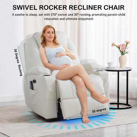 DUNELLA Power Swivel Rocker Recliner Chair for Adults with Heat and Massage, LED Lights, USB and Type-C Ports, Electric Glider Recliner Nursery Chair for Living Room(Beige, Single Sofa) DUNELLA