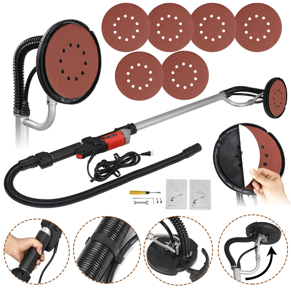 Saicool 800W Electric Drywall Sander, Commercial 6 Adjustable Variable Speed(1000-2000RPM) Disc Sander w/6 Sanding Pads,Foldable & Extendable Handle Saicool