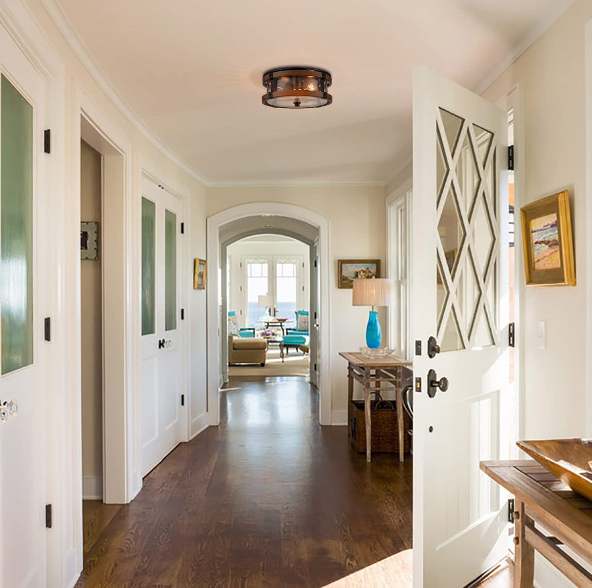 DEYNITE Farmhouse Ceiling Light Fixture 2-Light Hallway Ceiling Light in Black & Rustic Wood Grain Finish with Clear Seeded Glass Shade DEYNITE