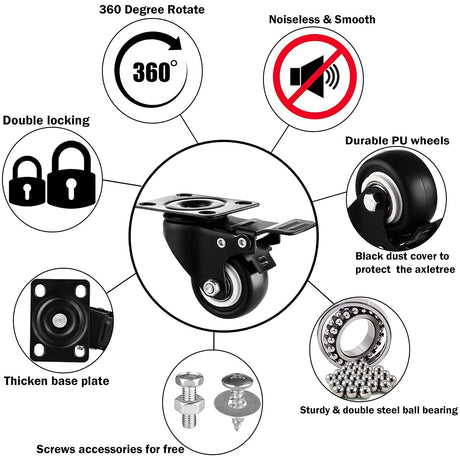 Casters Wheels Set of 4 Heavy Duty Swivel Casters 2" Double Locking Castor Wheels Set with Brake Industrial Polyurethane Metal Wheels for Workbench, Furniture, Cabinet, Wood Box, Outdoor Plate Casters GcFoir