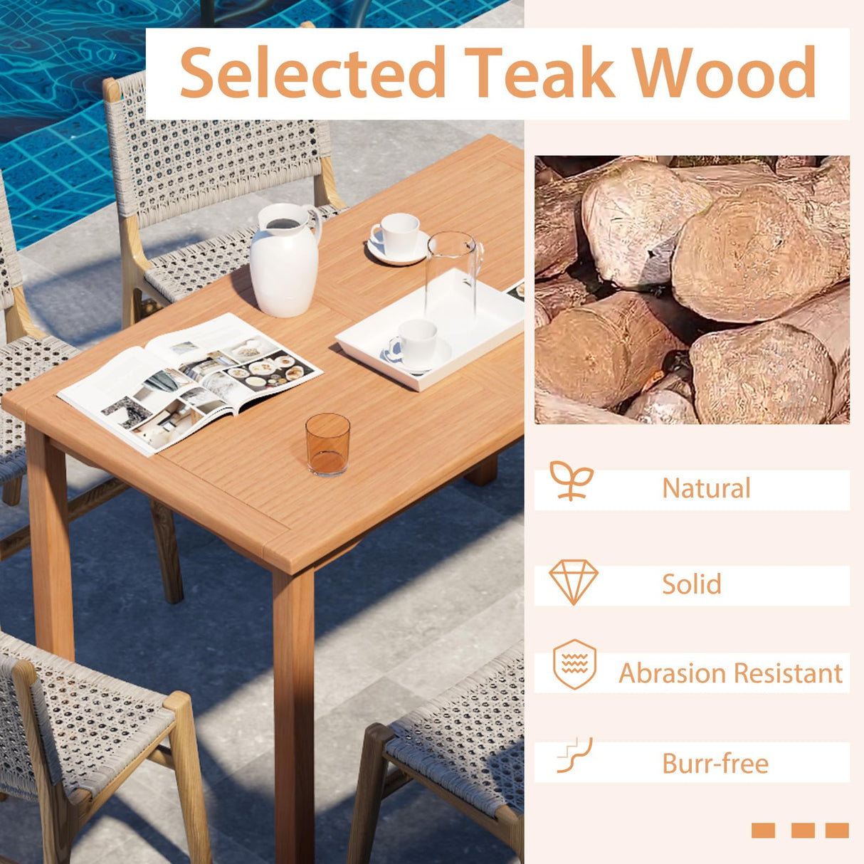 Giantex Patio Rectangle Dining Table, 49” x 27.5” Indonesian Teak Wood Outdoor Table with Spacious Slatted Tabletop for 6 Person, Indoor Outdoor Dining Table for Backyard, Poolside, Front Porch Giantex