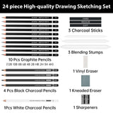 Drawing Sketching Pencil Set, 24 Piece Pro Artist Sketch Kit - Graphite Pencils (12B-4H),Charcoal Pencils for Drawing,Black and White Charcoal Pencils,Charcoal Sticks,Stumps,Eraser,Sharpeners GETHPEN