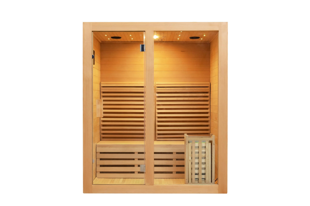 ZONEMEL Wooden Steam Sauna Room, 2 Person Canadian Hemlock Luxurious Indoor Sauna with 3.5 KW Harvia Stove Heater, Bluetooth Speaker, Sauna Stone, Wooden Bucket, Scoop, Reading Light, Hourglass ZONEMEL