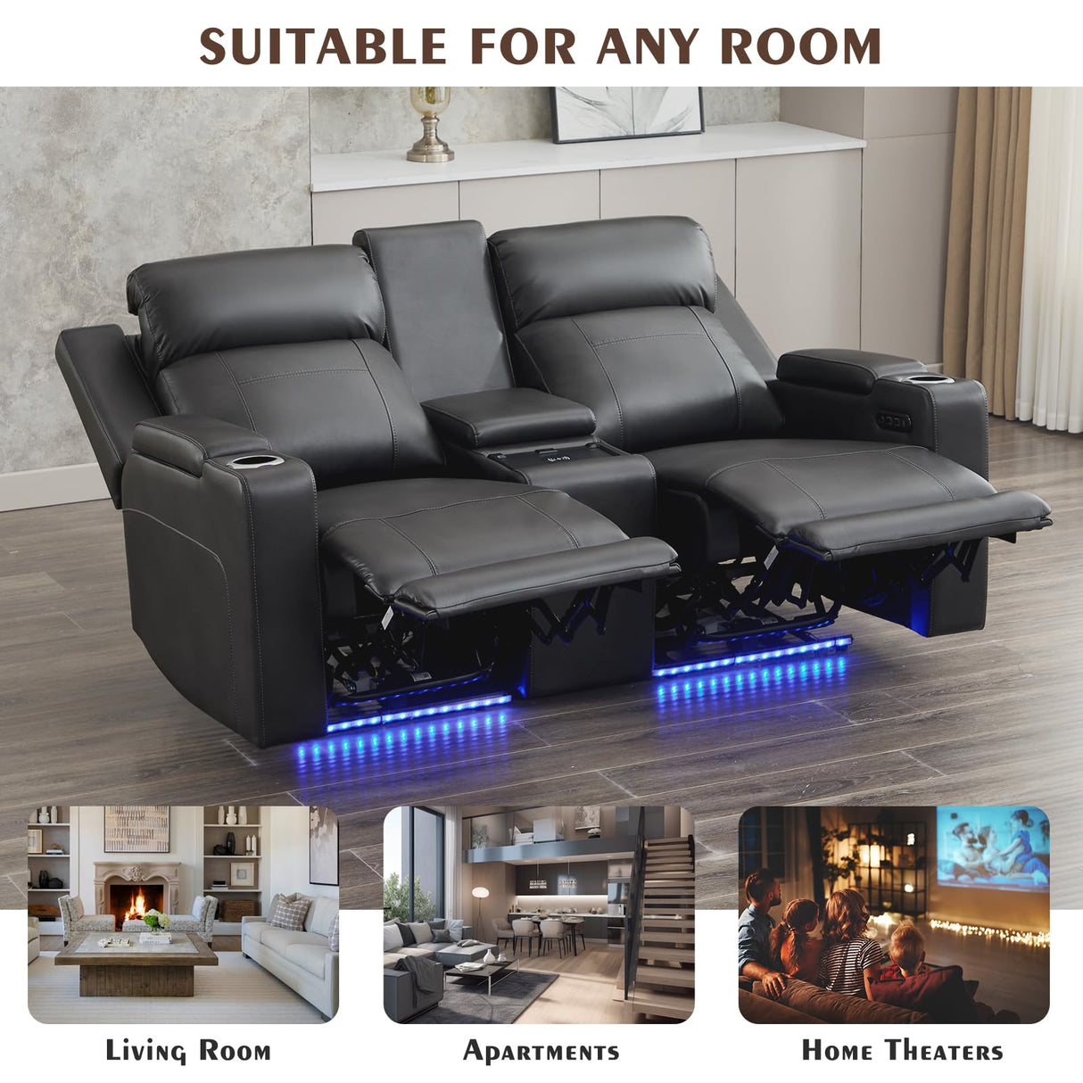 Neptane Power Reclining Loveseat with Console/Wireless Charging, Power Loveseat Recliner Sofa with Power Headrest/LED Light/Armrest Storage, Wall Hugger Reclining Loveseat(Dark Grey, 2 Seater) Neptane