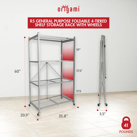 Origami 4-Tier Storage Shelves on Wheels, Steel Shelving Holds 1000 pounds, Heavy Duty Garage Storage & Organization, Closet Organizer, Utility Shelf Origami