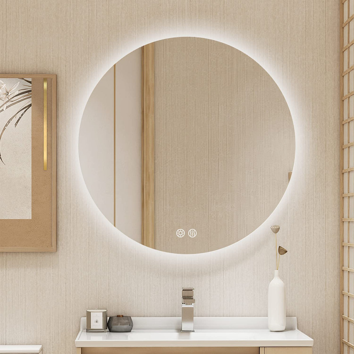 BuLife 28 Inch Round LED Bathroom Mirror Backlit Anti-Fog Wall Mounted Lighted Bathroom Vanity Mirror 3 Colors Light Dimmable Smart Makeup Mirror with Touch Switch BuLife
