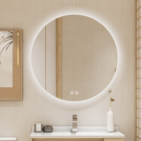 BuLife 28 Inch Round LED Bathroom Mirror Backlit Anti-Fog Wall Mounted Lighted Bathroom Vanity Mirror 3 Colors Light Dimmable Smart Makeup Mirror with Touch Switch BuLife