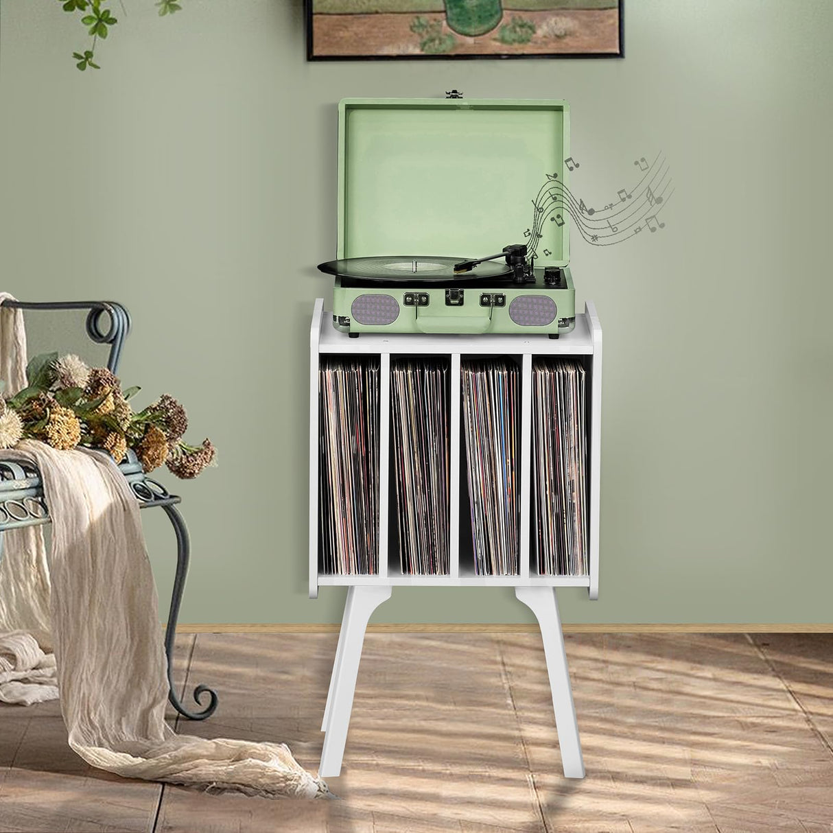 Lerliuo Record Player Stand with Storage Holds Up to 80 Albums, Turntable Stand with Beech Wood Legs, Mid-Century Record Player Table,White Vinyl Holder Display Shelf for Bedroom Living Room Lerliuo