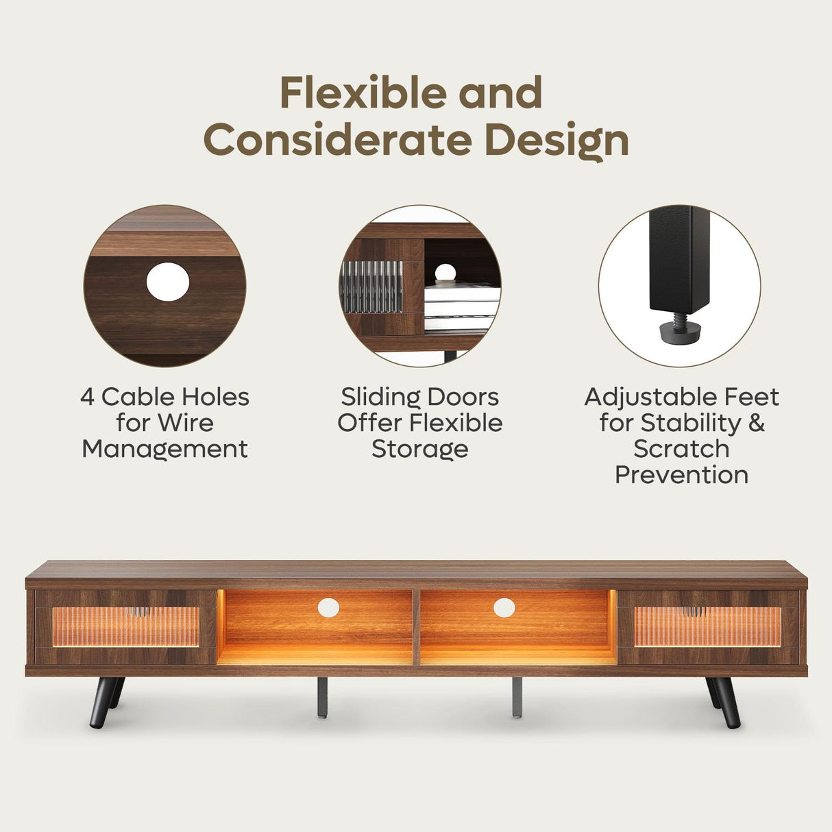 Bestier Mid Century Modern TV Stand for 75 inch TV, LED Entertainment Center with Storage and Sliding Doors, Low Profile TV Consoles for Living Room, Ancona Walnut Bestier