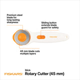Fiskars 45mm Rotary Cutter for Fabric, Premium Steel Stick Fabric Cutter Cuts Through Multiple Layers, Right and Left Handed, Easy and Safe Blade Change, Arts and Crafts, Sewing and Quilting Tools Fiskars