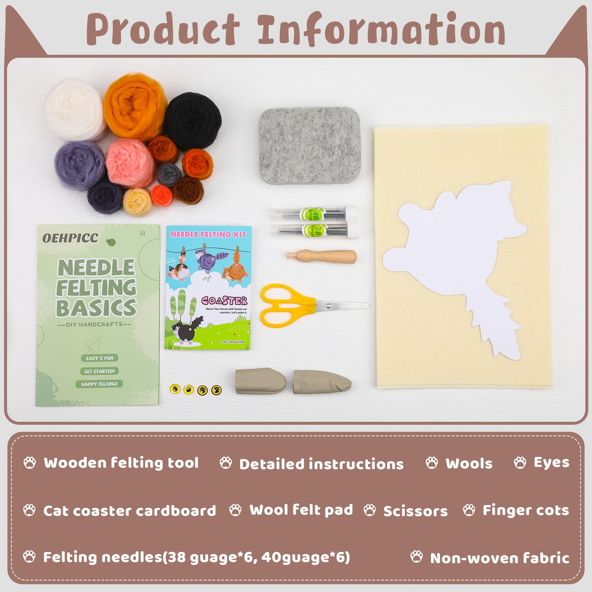OEHPICC Cat Coasters Needle Felting Kit,Needle Felting Starter Kit,Wool Felting Kit with Wool Roving, Foam Pad and Instructions for DIY Felting Starters OEHPICC