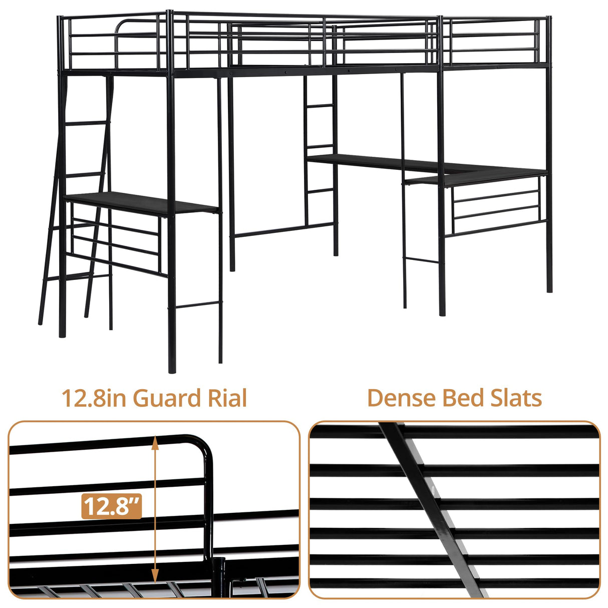 INCLAKE L Shaped Metal Loft Bed with 2 Desk, Twin Size Loft Bed with Safety Guardrail and 2 Ladder, Heavy-Duty Steel Frame Corner Twin Bed for Girls Boys Teens, Black INCLAKE
