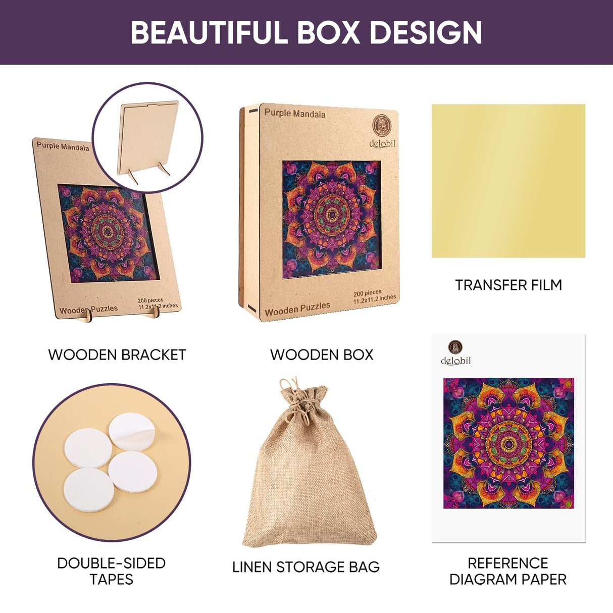 Purple Mandala Wooden Puzzles, 500 Pieces Jigsaw Puzzles 15.9'' x15.9'', Unique Design Liberty Wooden Puzzles for Adults and Kids, Family Game Gift Royal Size delobil