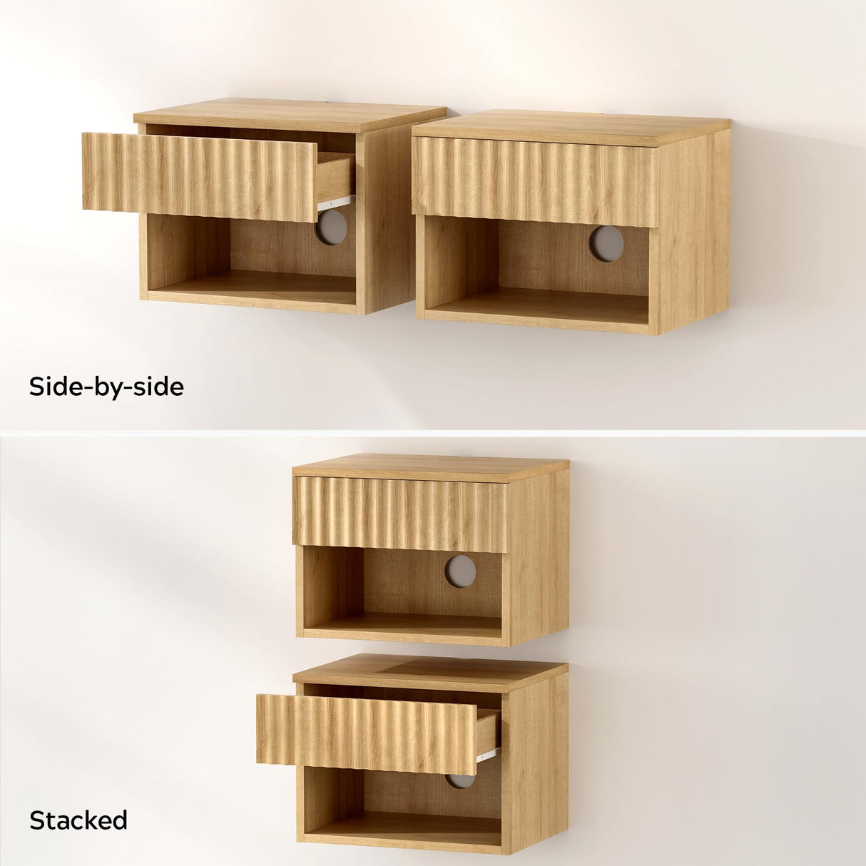 EYYTHUNG Floating Nightstand with Drawer, Modern Small Night Stand with Fluted Door and Open Storage Shelf Wall Mounted Bedside Table for Bedroom, Entryway Natural Oak EYYTHUNG