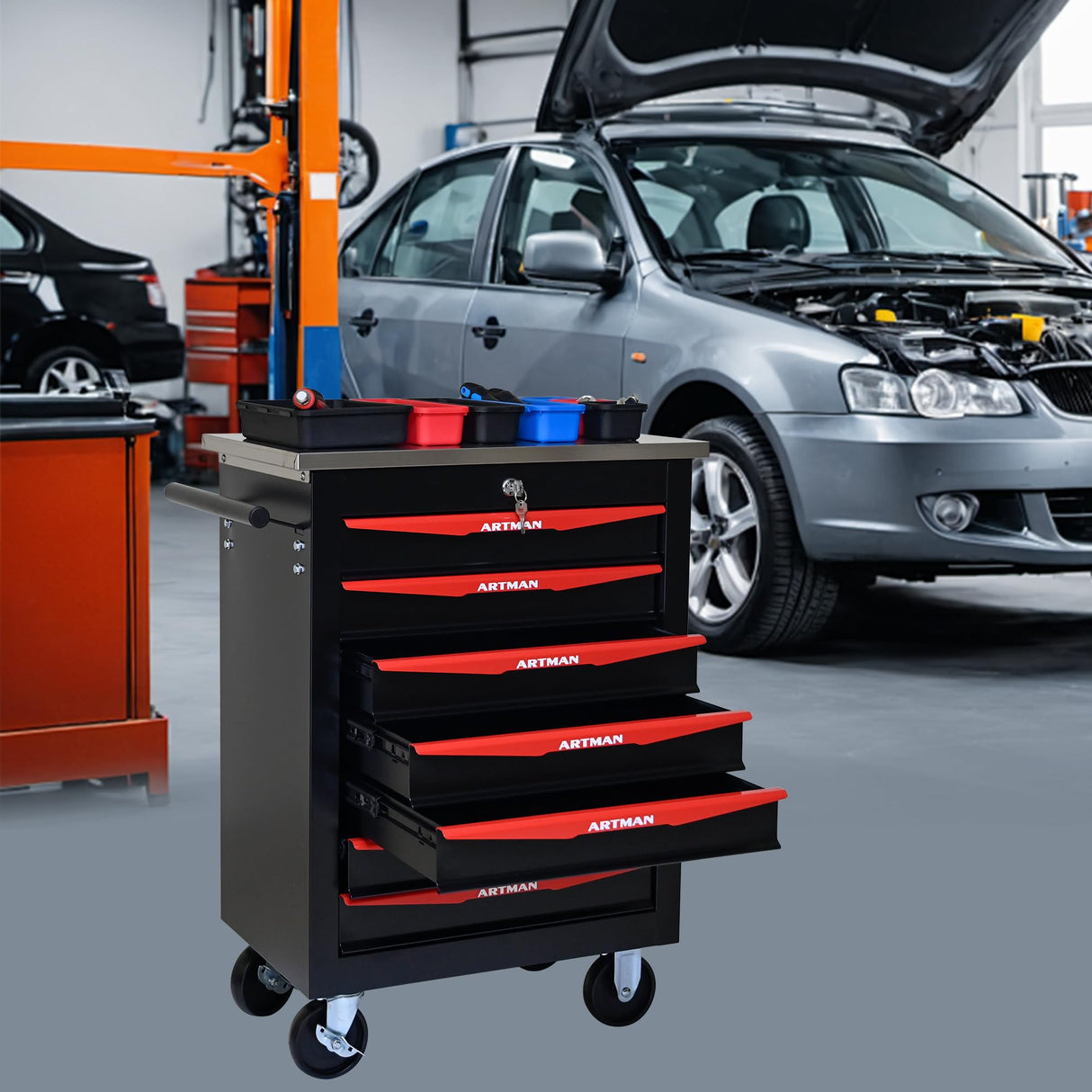 7 Drawers Rolling Tool Chest, Tool Storage Cabinet with Wheels Rolling Tool Cart with 7 Drawers, Rolling Tool Box Organizer, Metal Tool Cart for Garage Workshop Black and Red, Stainless Steel Top CHD