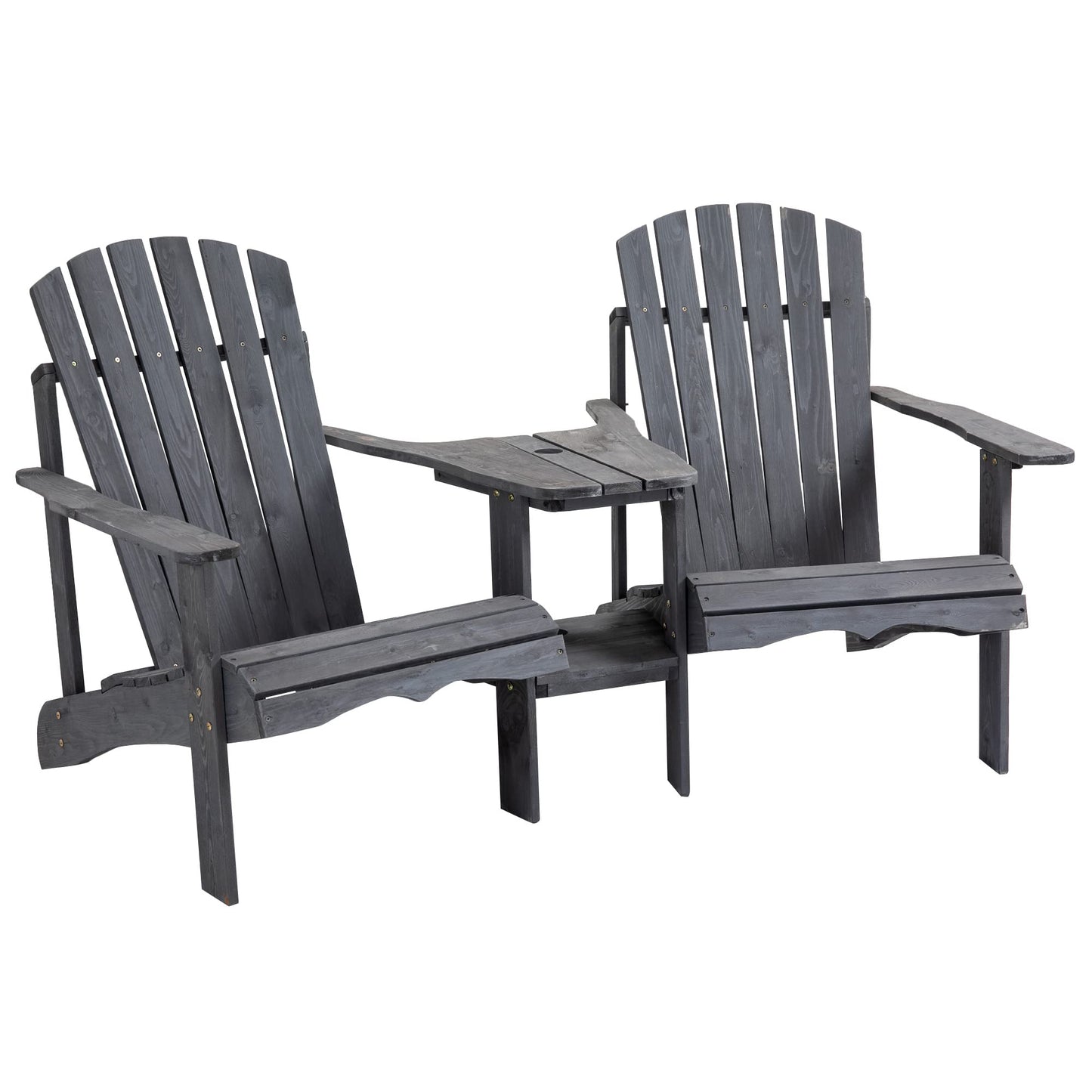 Outsunny Wooden Adirondack Chairs for Two People, Outdoor Fire Pit Chair with Table & Umbrella Hole, Patio Chair for Deck Lawn Pool Backyard, Gray - WoodArtSupply