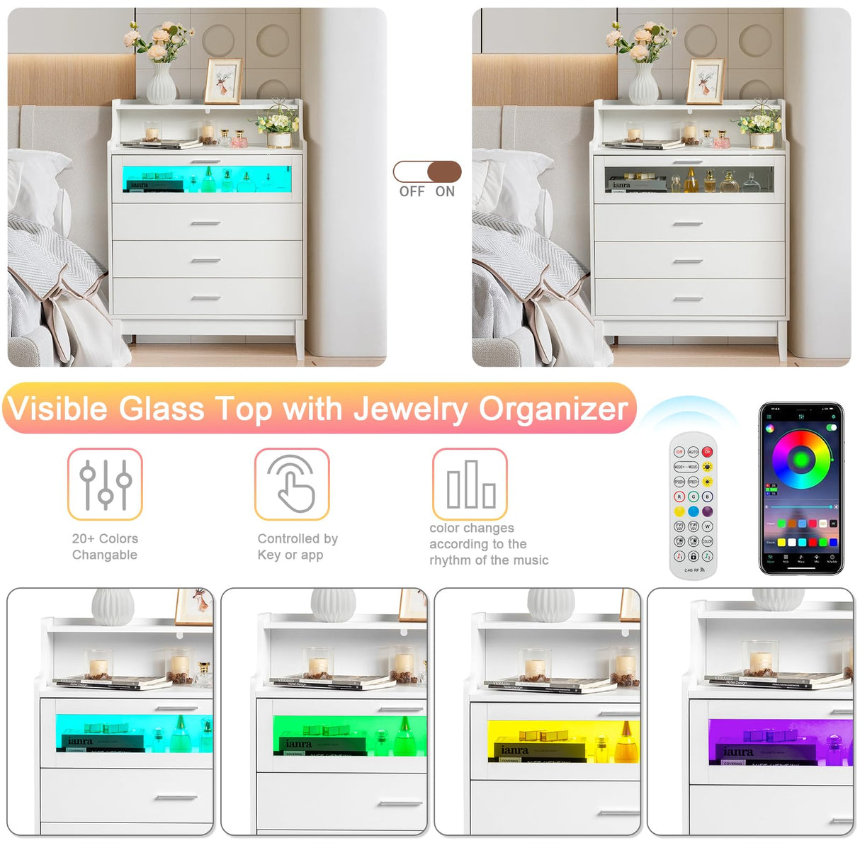 Karl home White Dresser for Bedroom, 4 Drawer Dresser with LED and Charging Station, Wooden Chest of Drawers with Shelf and Glass Drawer, Modern Bedroom Furniture, Living Room, Hallway Karl home