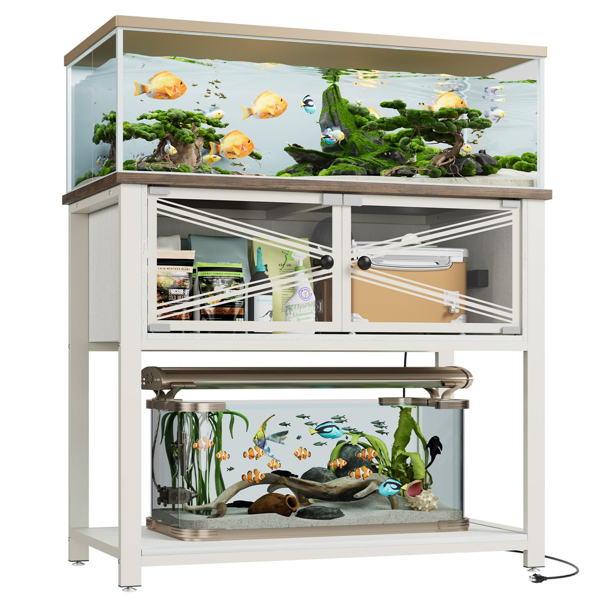 Rresyet 40-50 Gallon Aquarium Stand with Heavy Duty Metal Frame, Fish Tank Stand with Power Outlets, Two Glasses Door Storage Cabinet, Suitable for Turtle Tank, Reptile Tank, White+Brown Rresyet